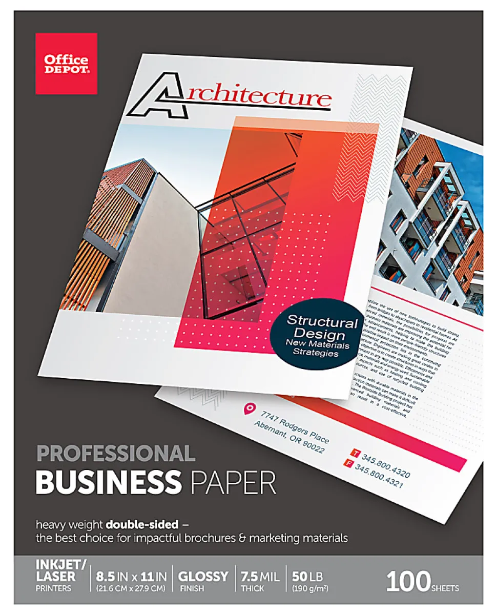 Office Depot® Brand Professional Business Paper, Glossy, Double-Sided, Letter Size, White Pack Of 100 Sheets