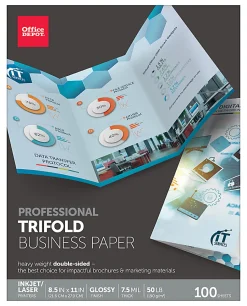 Office Depot® Brand Professional Trifold Business Paper, Glossy, Double-Sided, Letter Size, White, Pack Of 100 Sheets