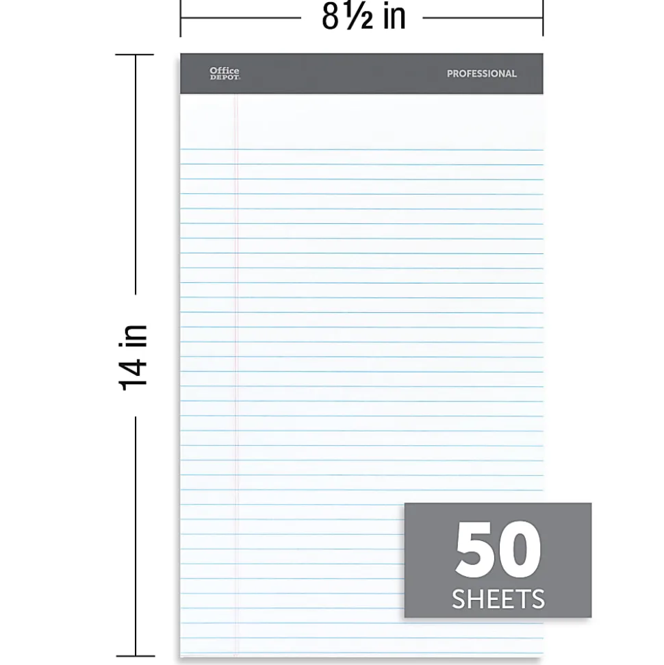 Office Depot® Brand Professional Writing Pads, 8-1/2" x 14", Legal/Wide Ruled, 50 Sheets, White, Pack Of 4