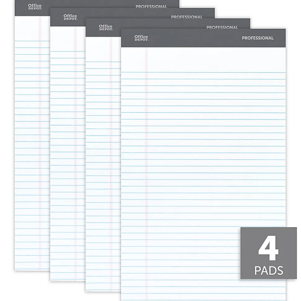 Office Depot® Brand Professional Writing Pads, 8-1/2" x 14", Legal/Wide Ruled, 50 Sheets, White, Pack Of 4