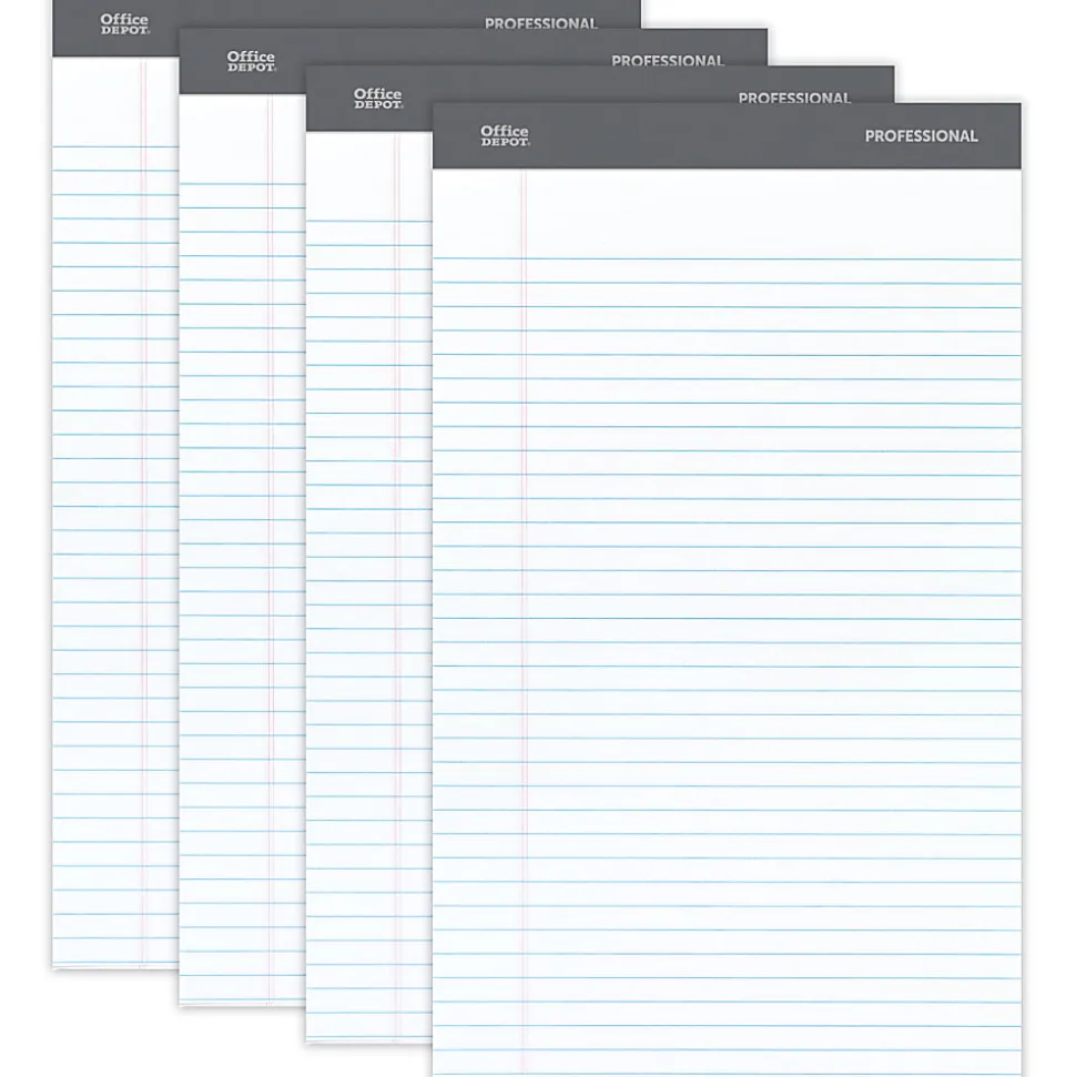 Office Depot® Brand Professional Writing Pads, 8-1/2" x 14", Legal/Wide Ruled, 50 Sheets, White, Pack Of 4