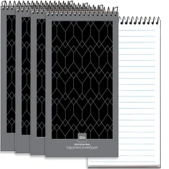 Office Depot® Brand Professional Reporter's Notebook, 4" x 8", Black/Gray, Legal/Wide Ruled, 70 Sheets, Pack Of 4