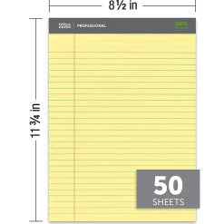 Office Depot® Brand Professional Writing Pads, 8 1/2" x 11 3/4", Legal/Wide Ruled, 50 Sheets, 100% Recycled, Canary, Pack Of 3