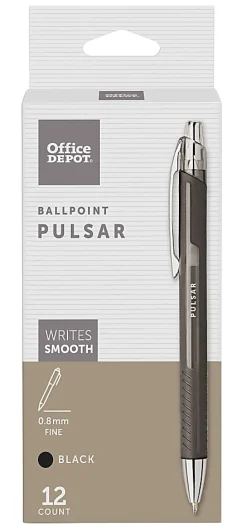 Office Depot® Brand Pulsar Advanced Ink Ballpoint Pens, Conical/Medium Point, 0.8 mm, Black Barrels, Black Ink, Pack Of 12