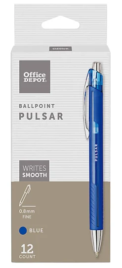 Office Depot® Brand Pulsar Advanced Ink Ballpoint Pens, Conical/Medium Point, 0.8 mm, Blue Barrels, Blue Ink, Pack Of 12