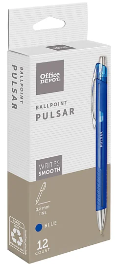 Office Depot® Brand Pulsar Advanced Ink Ballpoint Pens, Conical/Medium Point, 0.8 mm, Blue Barrels, Blue Ink, Pack Of 12