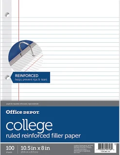 Office DepotĀ® Brand Reinforced Filler Paper, 8" x 10-1/2", College Ruled, White, Pack Of 100 Sheets