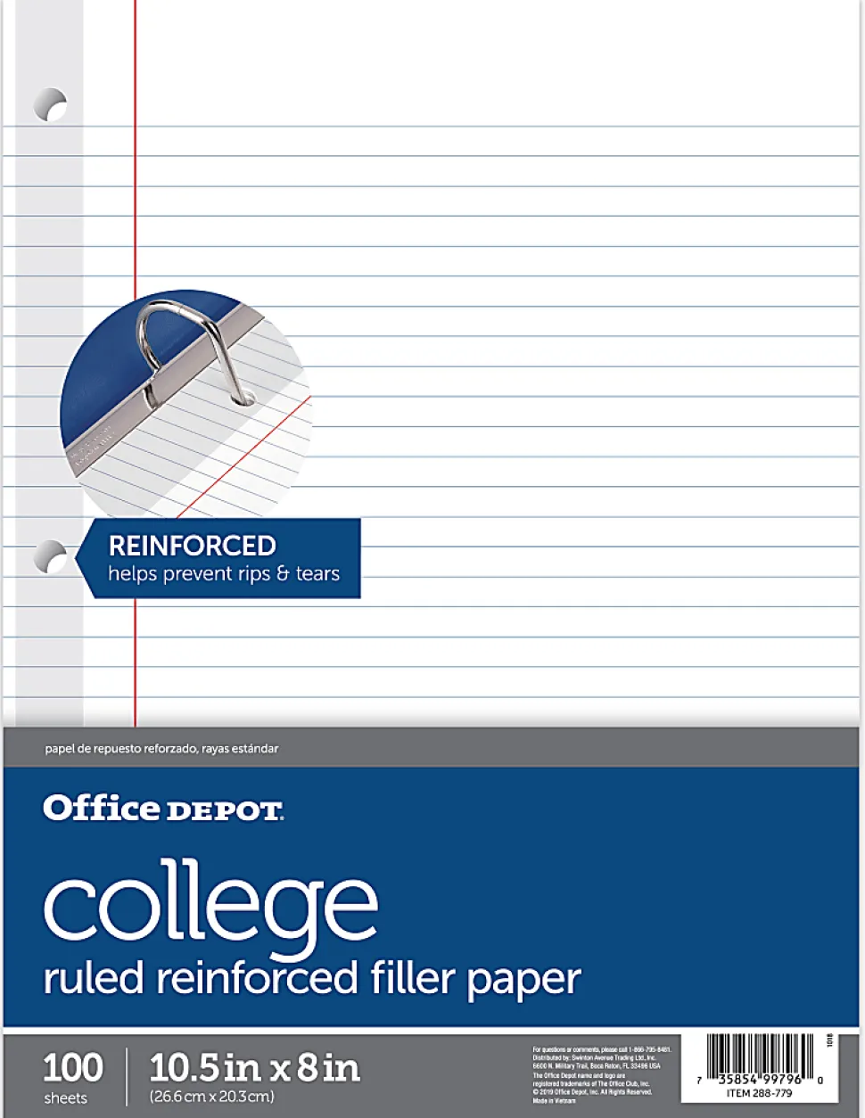 Office Depot® Brand Reinforced Filler Paper, 8" x 10-1/2", College Ruled, White, Pack Of 100 Sheets