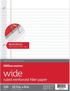 Office Depot® Brand Reinforced Filler Paper, 8" x 10-1/2", Wide Ruled, White, Pack Of 100 Sheets