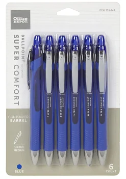 Office Depot® Brand Retractable Ballpoint Pens With Grip, Medium Point, 1.0 mm, Blue Barrel, Blue Ink, Pack Of 6