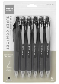 Office Depot® Brand Retractable Ballpoint Pens With Grip, Medium Point, 1.0 mm, Black Barrel, Black Ink, Pack Of 6