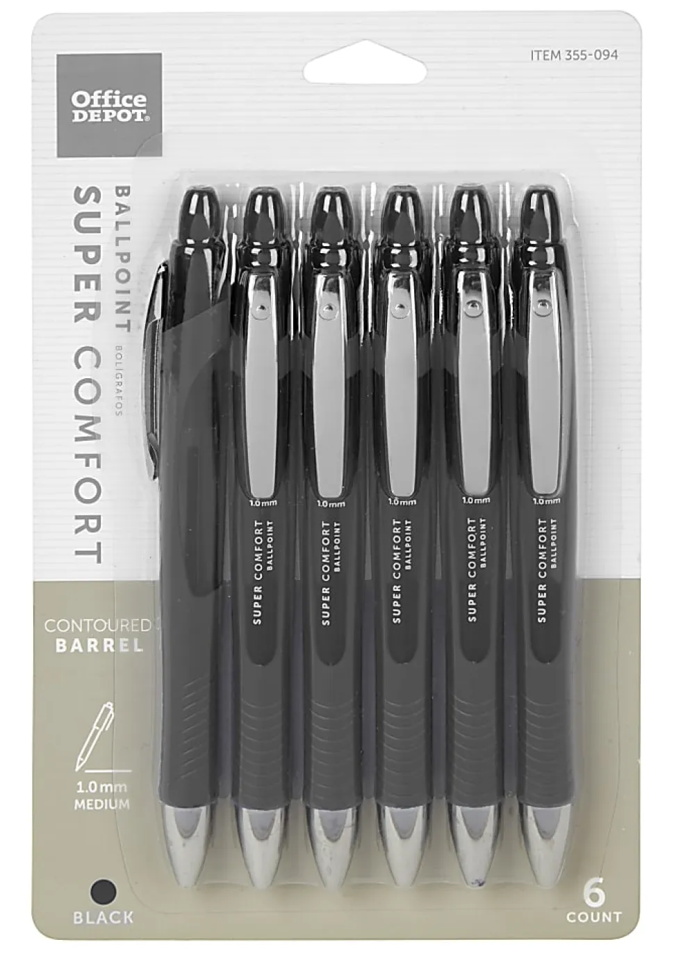 Office Depot® Brand Retractable Ballpoint Pens With Grip, Medium Point, 1.0 mm, Black Barrel, Black Ink, Pack Of 6