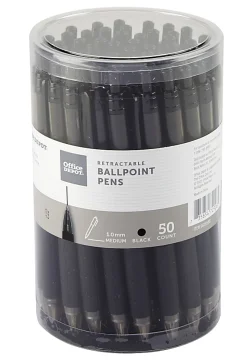Office Depot® Brand Retractable Ballpoint Pens With Grips, Medium Point, 1.0 mm, Black Barrels, Black Ink, Pack Of 50 Pens