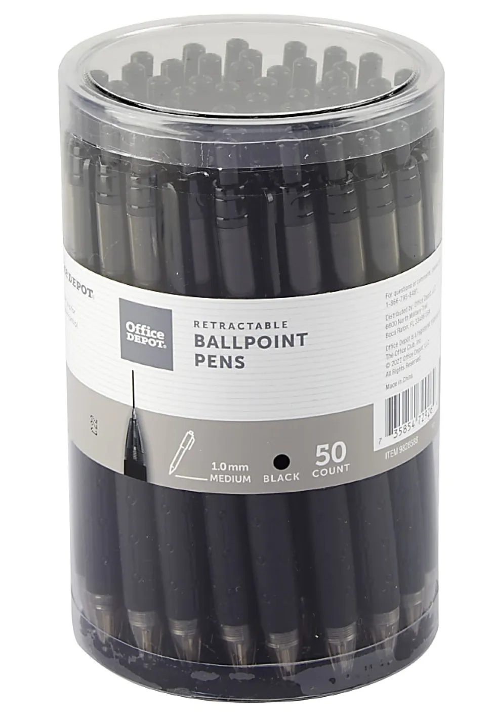Office Depot® Brand Retractable Ballpoint Pens With Grips, Medium Point, 1.0 mm, Black Barrels, Black Ink, Pack Of 50 Pens