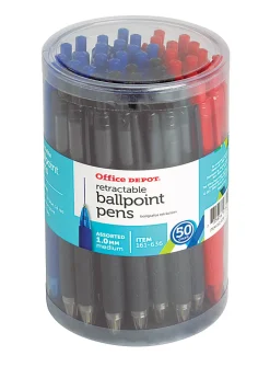 Office Depot® Brand Retractable Ballpoint Pens With Grips, Medium Point, 1.0 mm, Black/Blue/Red Barrels, Black/Blue/Red Inks, Pack Of 50 Pens