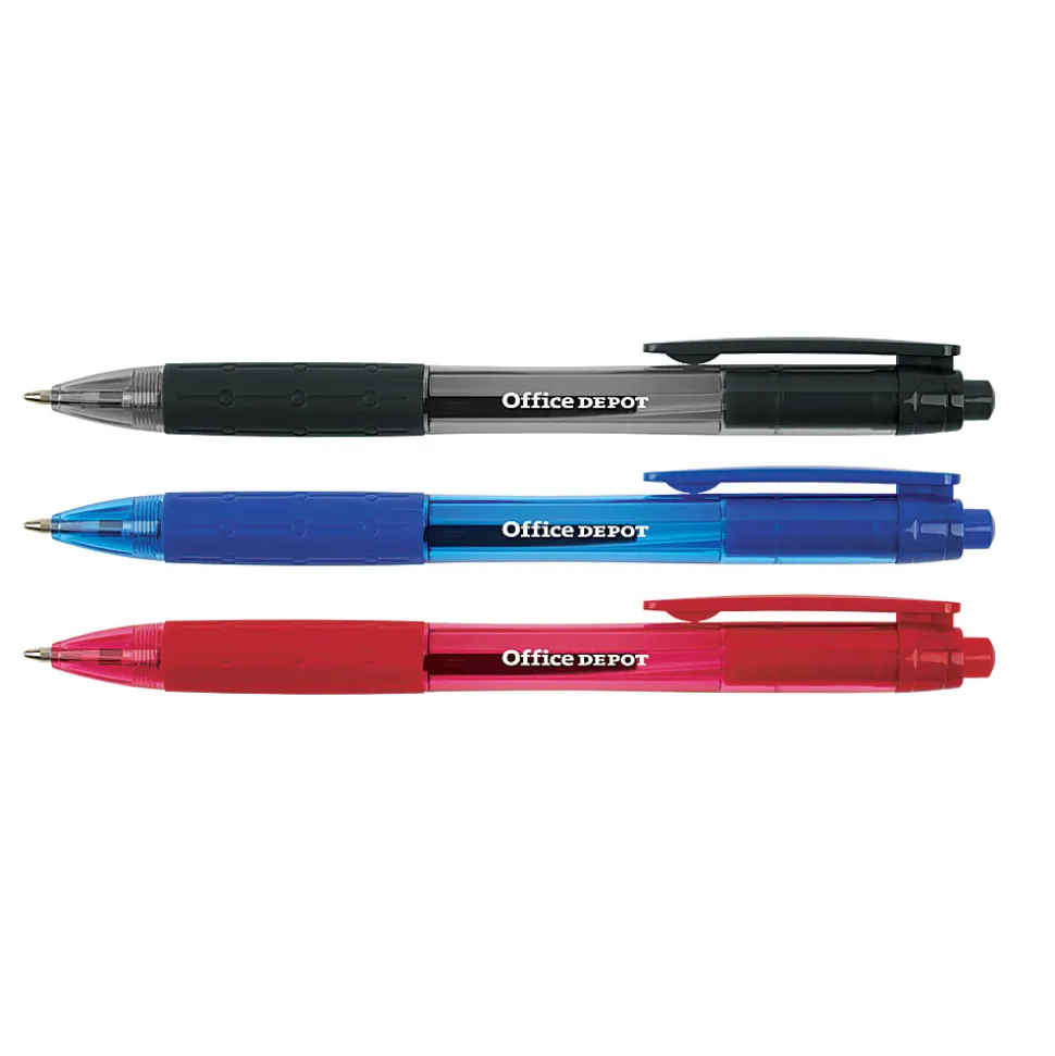 Office Depot® Brand Retractable Ballpoint Pens With Grips, Medium Point, 1.0 mm, Black/Blue/Red Barrels, Black/Blue/Red Inks, Pack Of 50 Pens