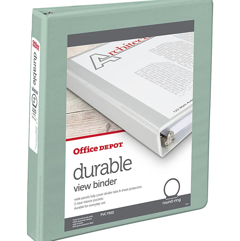 Office Depot® Brand 3-Ring Durable View Binder, 1" Round Rings, Sage