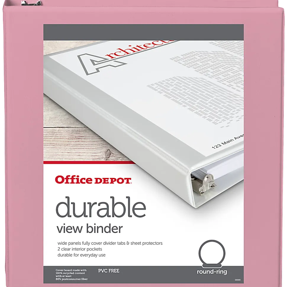 Office Depot® Brand 3-Ring Durable View Binder, 1-1/2" Round Rings, Pink