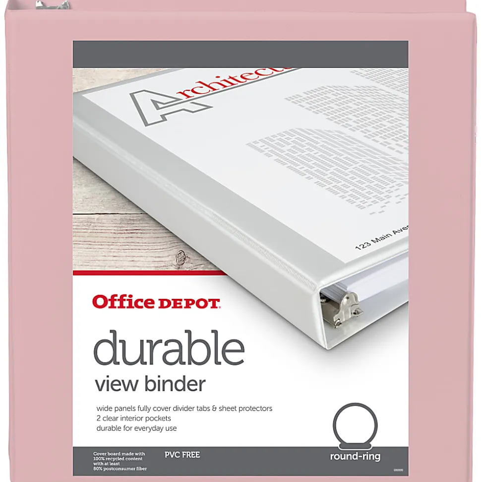 Office Depot® Brand 3-Ring Durable View Binder, 1-1/2" Round Rings, Blush