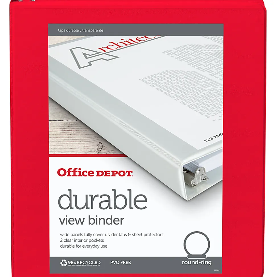 Office Depot® Brand 3-Ring Durable View Binder, 1" Round Rings, Red