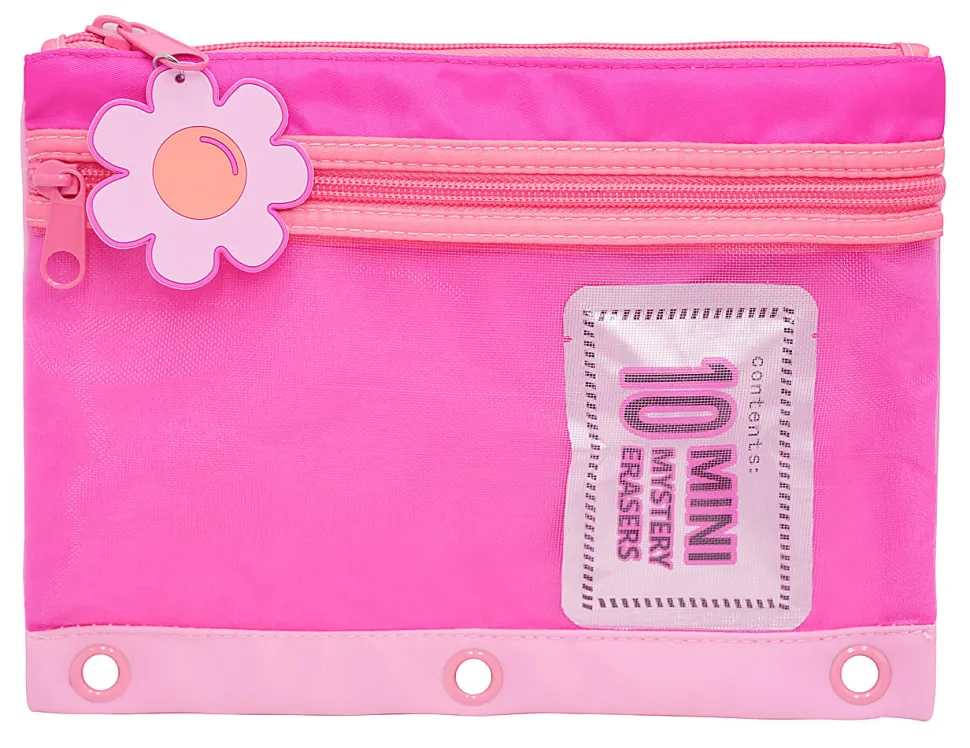 Office Depot® Brand 3-Ring Pencil Pouch With 10 Mini Erasers, 7" x 9-11/16", Pink