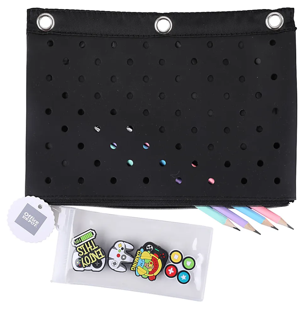 Office Depot® Brand 3-Ring Silicone Pencil Pouch With Charms, 7" x 9-13/16", Black