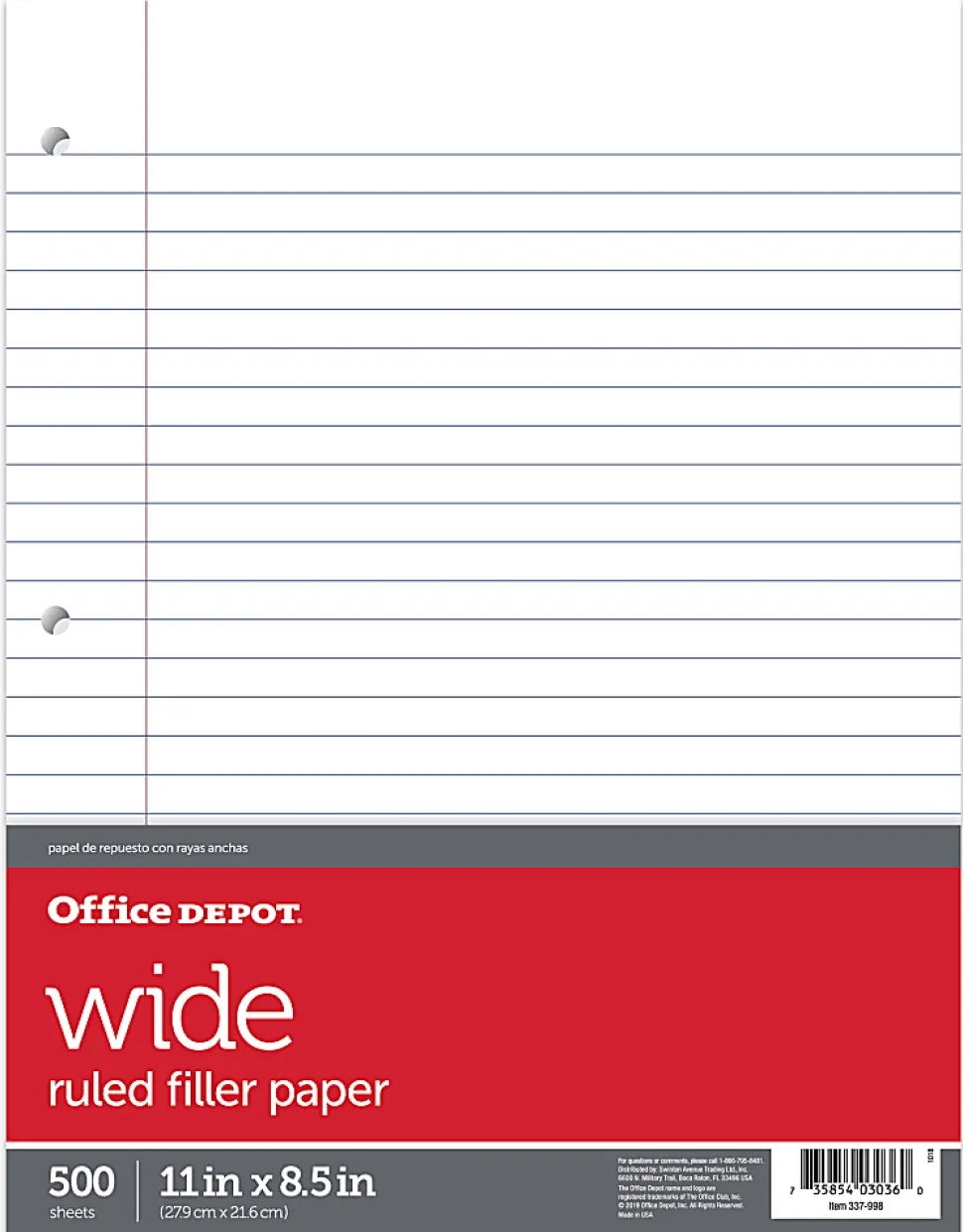 Office Depot® Brand Ruled Filler Paper, 8 1/2" x 11", Wide Ruled, White, Pack Of 500 Sheets
