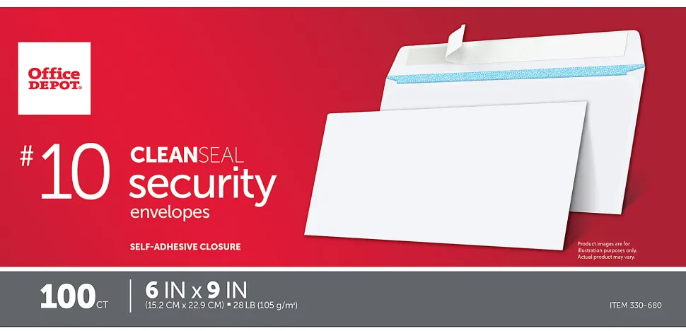 Office Depot® Brand #10 Security Envelopes, 4-1/8" x 9-1/2", Clean Seal, White, Box Of 100