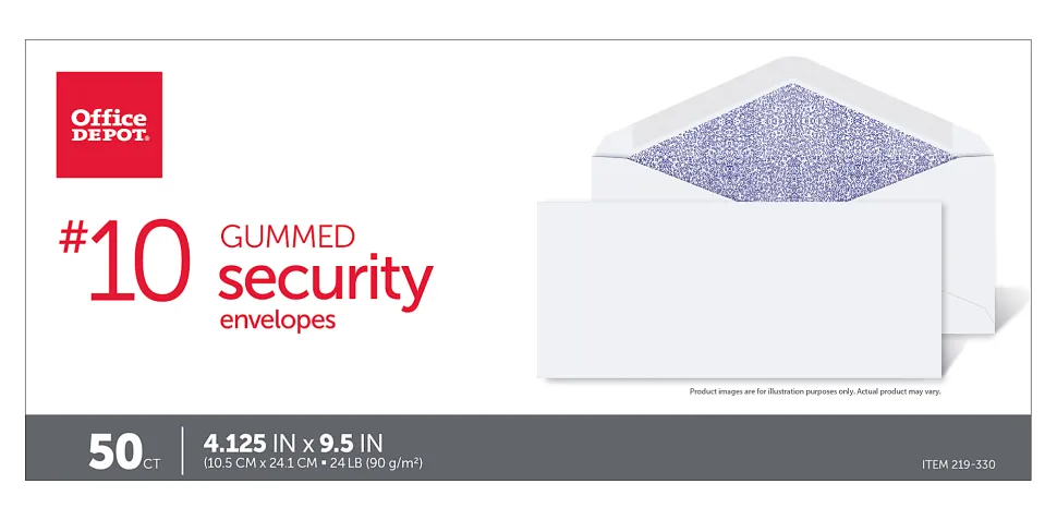 Office Depot® Brand #10 Security Envelopes, 4-1/8" x 9-1/2", Gummed Seal, White, Box Of 50