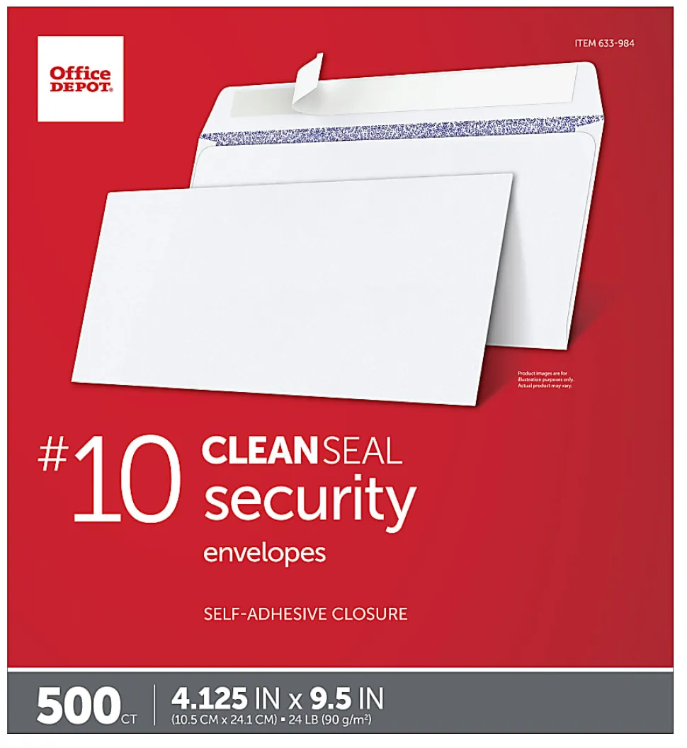 Office Depot® Brand #10 Security Envelopes, 4-1/8" x 9-1/2", Clean Seal, White, Box Of 500