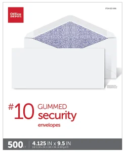 Office Depot® Brand #10 Security Envelopes, 4-1/8" x 9-1/2", Gummed Seal, White, Box Of 500