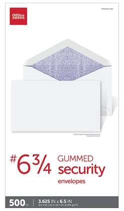 Office DepotĀ® Brand #6 3/4 Security Envelopes, 3-5/8" x 6-1/2", Gummed Seal, White, Box Of 500