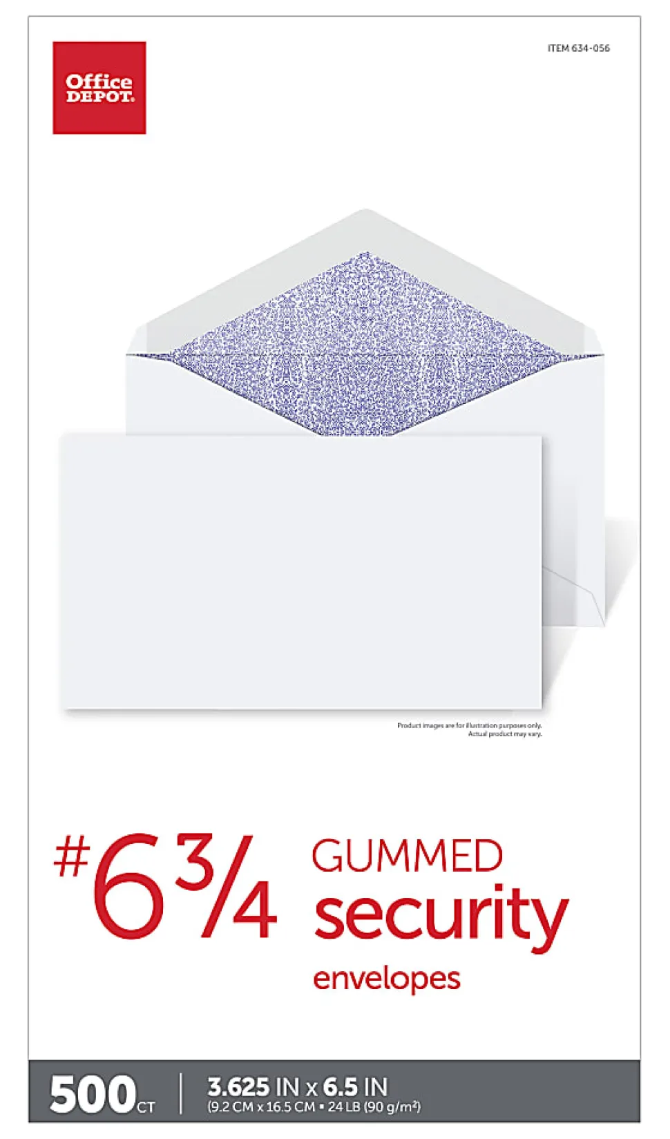 Office Depot® Brand #6 3/4 Security Envelopes, 3-5/8" x 6-1/2", Gummed Seal, White, Box Of 500