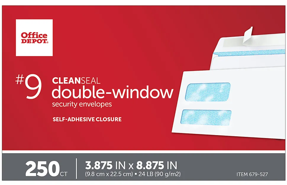 Office Depot® Brand #9 Security Envelopes, Double Window, 3-7/8" x 8-7/8", Clean Seal, White, Box Of 250