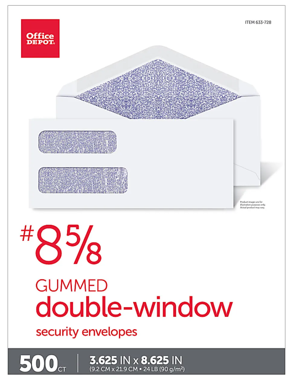 Office Depot® Brand #8 5/8 Security Envelopes, Double Window, 3-5/8" x 8-5/8", Gummed Seal, White, Box Of 500