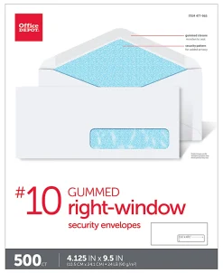 Office DepotĀ® Brand #10 Security Envelopes, Right Window, 4-1/8" x 9-1/2", Gummed Seal, White, Box Of 500