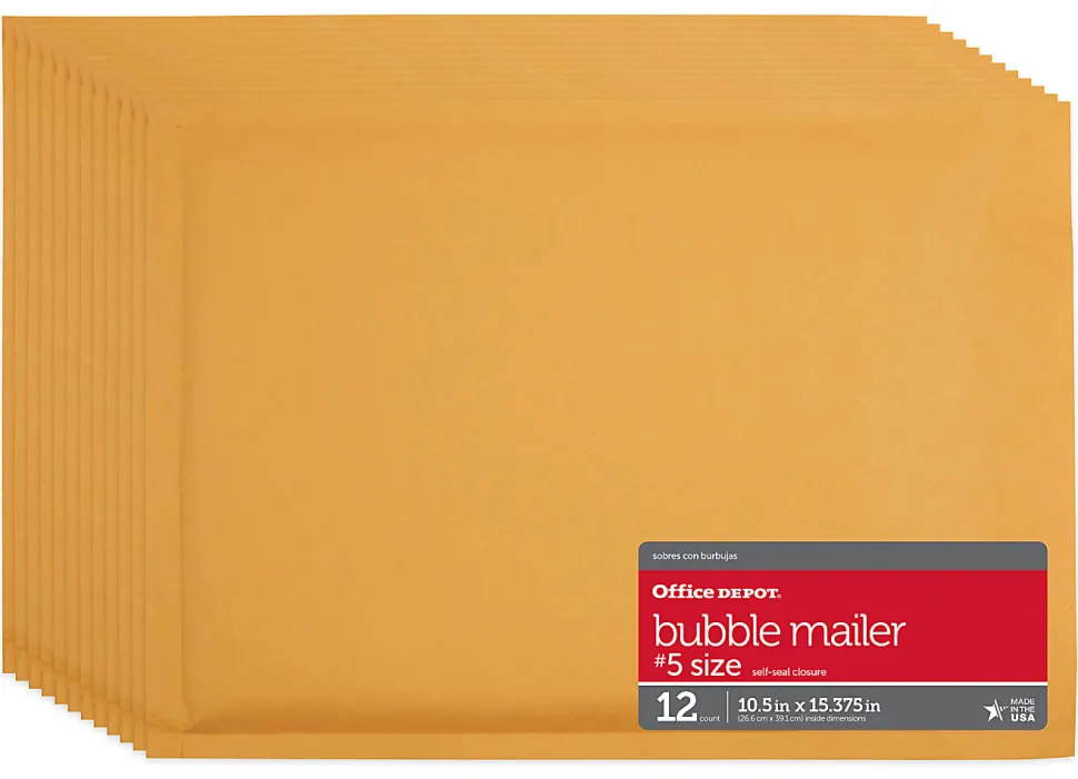 Office Depot® Brand Self-Sealing Bubble Mailers, Size 5, 10 1/2" x 15", Pack Of 12