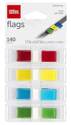 Office Depot® Brand Self-Stick Flags, 1/2" x 1 7/10", Assorted Colors, 35 Flags Per Pad, Pack Of 4 Pads