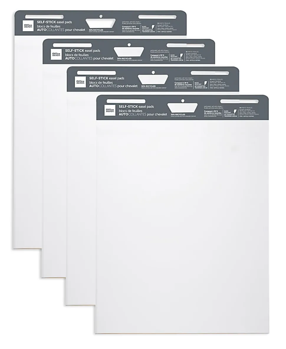 Office Depot® Brand Self-Stick Easel Pads, 25" x 30", 30 Sheets, 30% Recycled, White, Pack Of 4 Pads