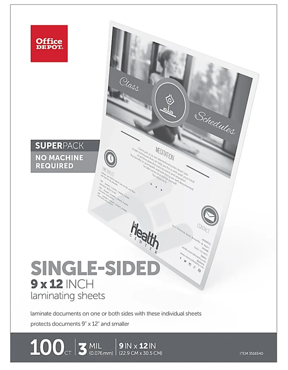 Office Depot® Brand Single-Sided Self-Sealing Laminating Sheets, 9" x 12", 3 Mil, Clear, Pack Of 100 Sheets