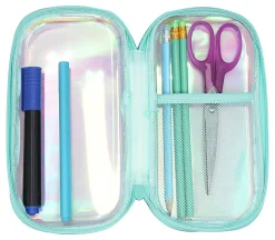 Office DepotĀ® Brand Small Clear Pencil Case With Trim, 8-1/4" x 4-3/8", Iridescent With Blue Trim