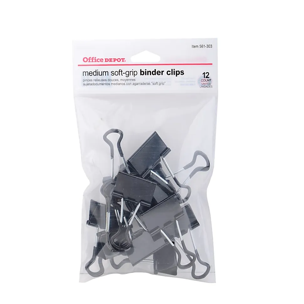 Office Depot® Brand Soft-Grip Medium Binder Clips, 1 1/4", 5/8" Capacity, Black, Pack Of 12