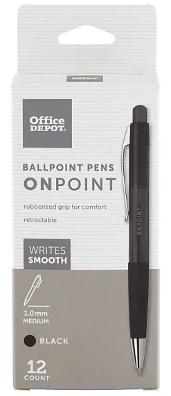 Office Depot® Brand Soft-Grip Retractable Ballpoint Pens, Medium Point, 1.0 mm, Black Barrel, Black Ink, Pack Of 12