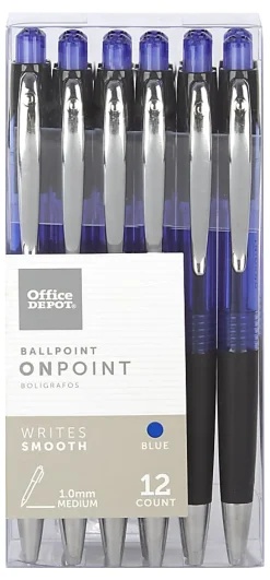 Office DepotĀ® Brand Soft-Grip Retractable Ballpoint Pens, Medium Point, 1.0 mm, Blue Barrel, Blue Ink, Pack Of 12
