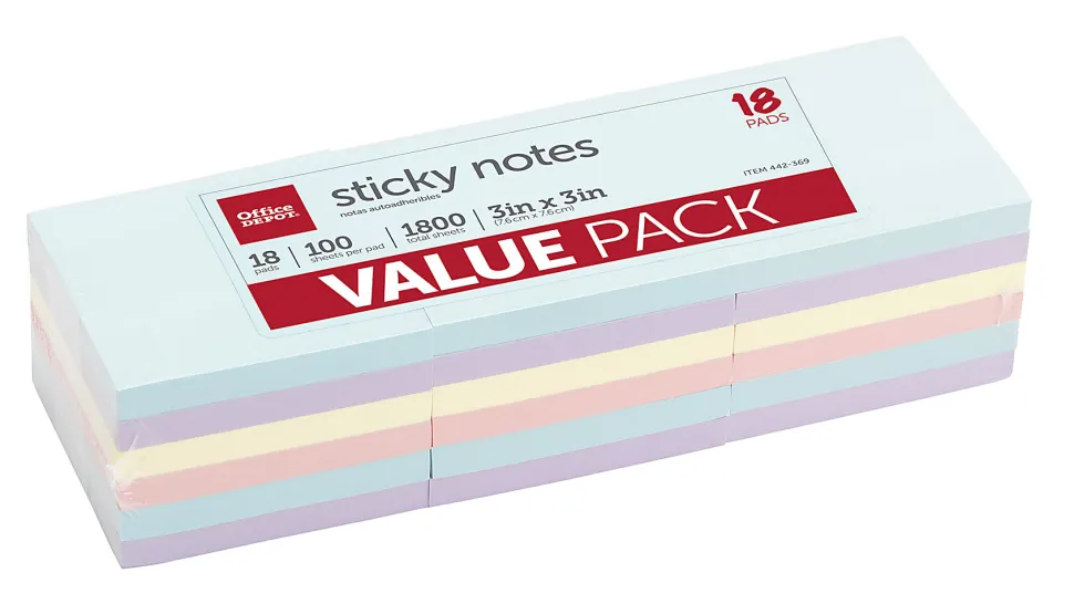 Office Depot® Brand Sticky Notes Value Pack, 3" x 3", Assorted Pastel Colors, 100 Sheets Per Pad, Pack Of 18 Pads