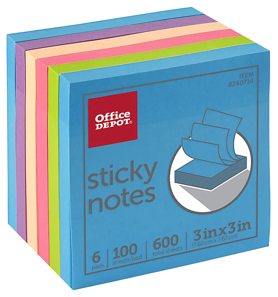 Office Depot® Brand Sticky Notes, 3" x 3", Assorted Neon Colors, 100 Sheets Per Pad, Pack Of 6 Pads, 21332BRIGHT6PKST
