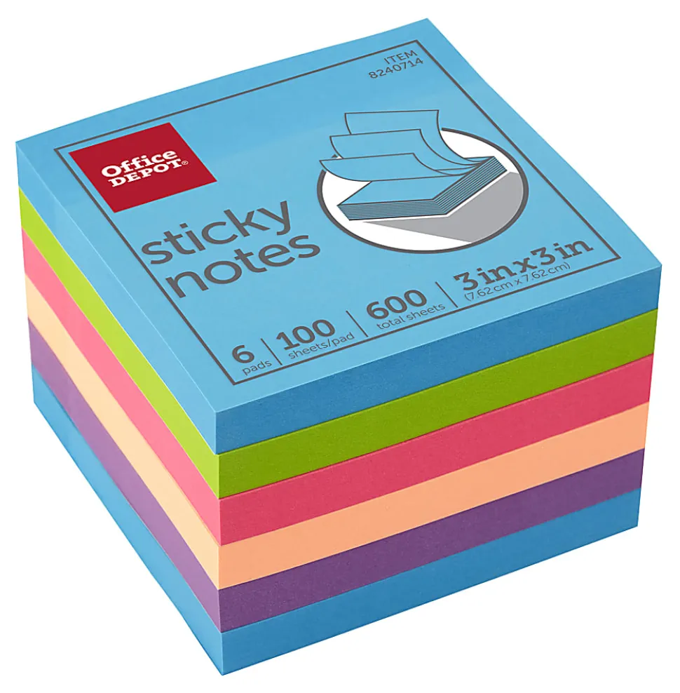 Office Depot® Brand Sticky Notes, 3" x 3", Assorted Neon Colors, 100 Sheets Per Pad, Pack Of 6 Pads, 21332BRIGHT6PKST