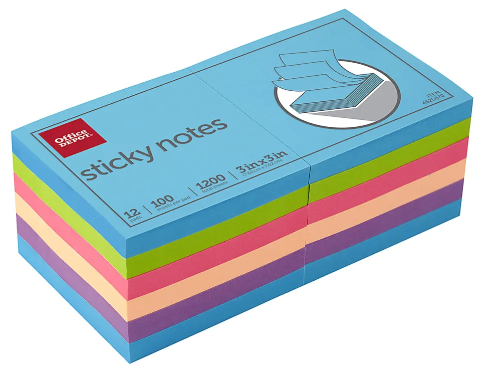 Office Depot® Brand Sticky Notes, 3" x 3", Assorted Neon Colors, 100 Sheets Per Pad, Pack Of 12 Pads, 21332-BRIGHT-12PK