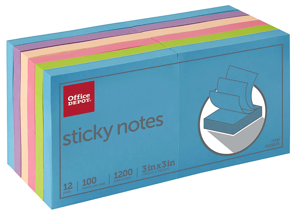 Office Depot® Brand Sticky Notes, 3" x 3", Assorted Neon Colors, 100 Sheets Per Pad, Pack Of 12 Pads, 21332-BRIGHT-12PK