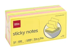 Office Depot® Brand Sticky Notes, 3" x 3", Assorted Neon Colors, 100 Sheets Per Pad, Pack Of 12 Pads, 21332-BRIGHT